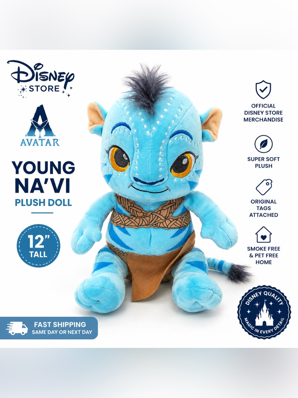 Disney Store Avatar Young Na’vi Plush Doll 12” 2022 Blue Stuffed Animal